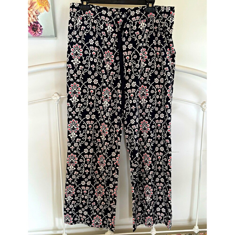 LOFT Womens Navy Floral wide Leg Dress Pants Zip Pockets Mid Rise Sz S